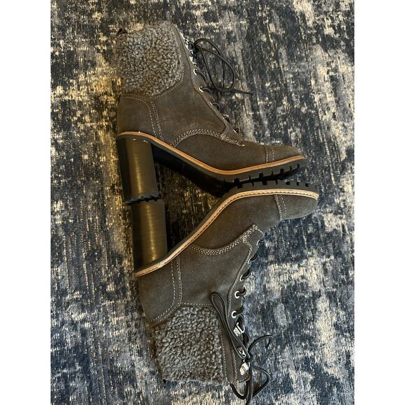 Nine West Boots Phaedra Gray Suede Block 4” Heel Size 8M Faux Fur Lined Lace Up - Picture 5 of 9